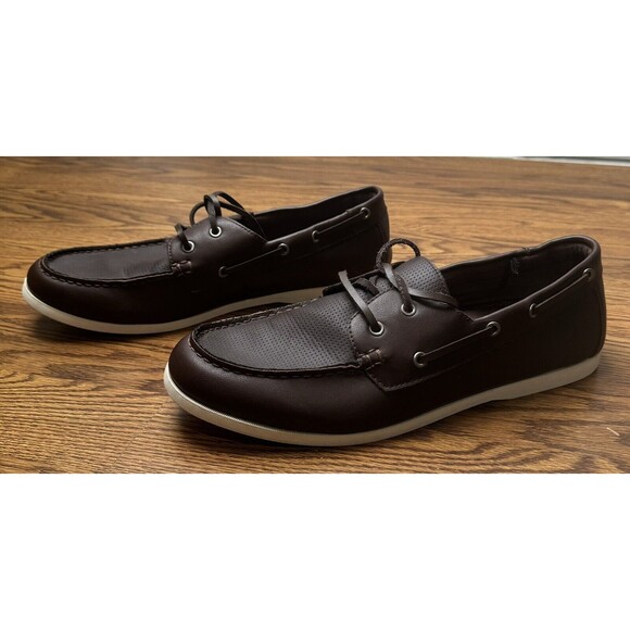 OLD NAVY MEN'S BOAT DRESS SHOES DARK BROWN LACE UP FAUX LEATHER SIZE 13 MEMORY F - Picture 1 of 8